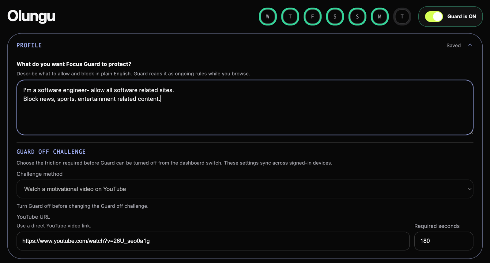 Olungu dashboard showing Guard Profile task context field, domain lists, and a recent block event with confidence score