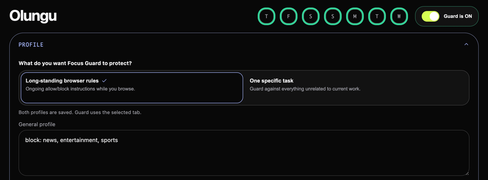 Olungu dashboard showing Guard Profile task context field, domain lists, and a recent block event with confidence score