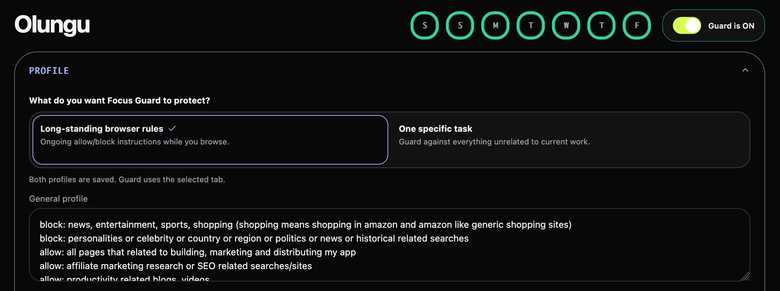 Olungu browser extension showing Focus Guard enabled with a Guard Profile describing the current task context and a distraction blocked mid-navigation