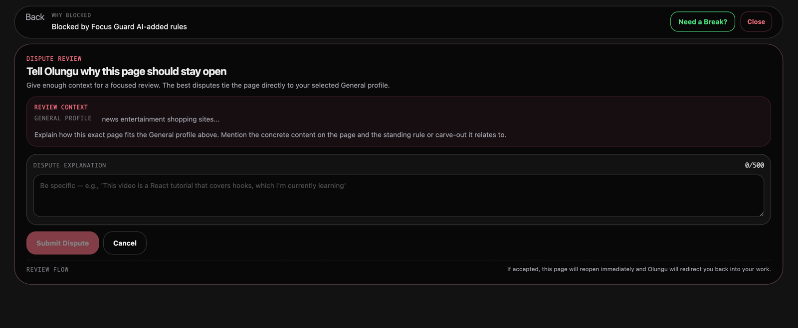 Olungu block screen showing a disputed page with an option to update the Guard Profile or request a 24-hour bypass